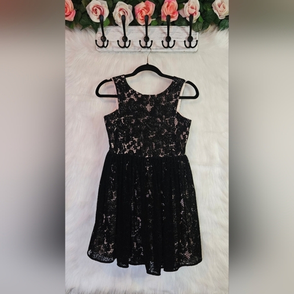 Bardot Junior Black Velvet Lace Layered Fit and Flare Dress - Picture 1 of 7